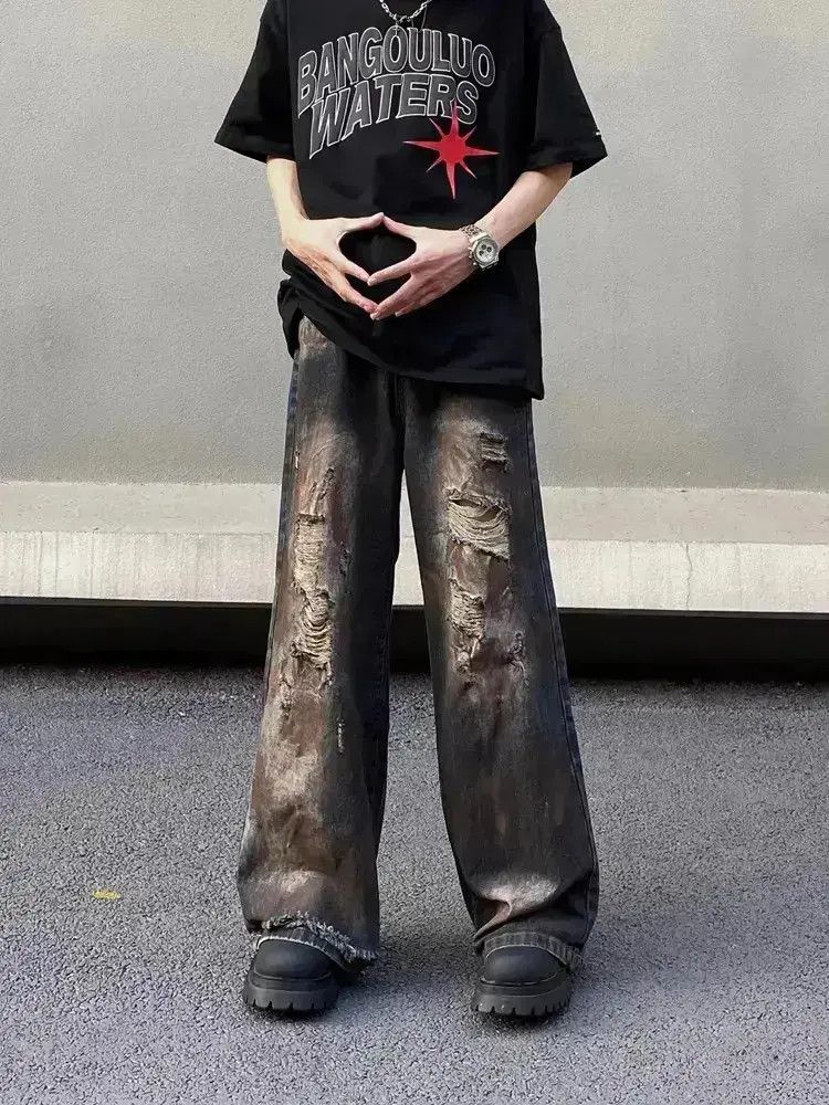Japanese Brand Retro loose fitting straight leg distressed jeans Size US 32 / EU 48 - 2 Thumbnail