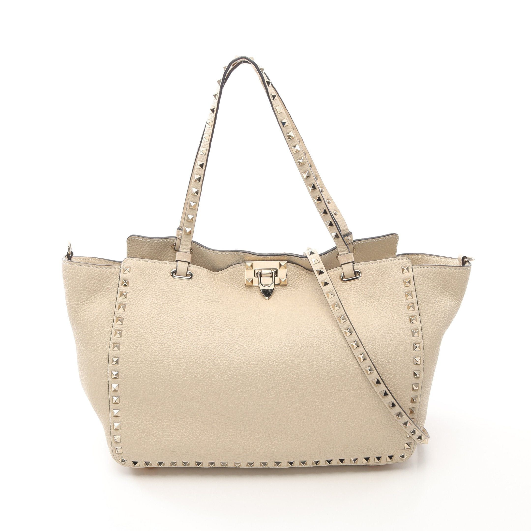 Valentino Rockstud Handbag Tote Bag Leather Off White in Neutrals, Women's