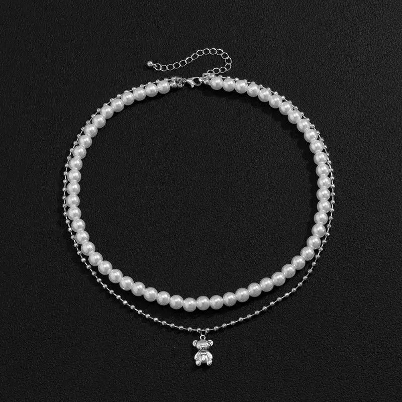 Jewelry Double Layer Pearl Bear Necklace Silver Necklace Size ONE SIZE - 3 Thumbnail