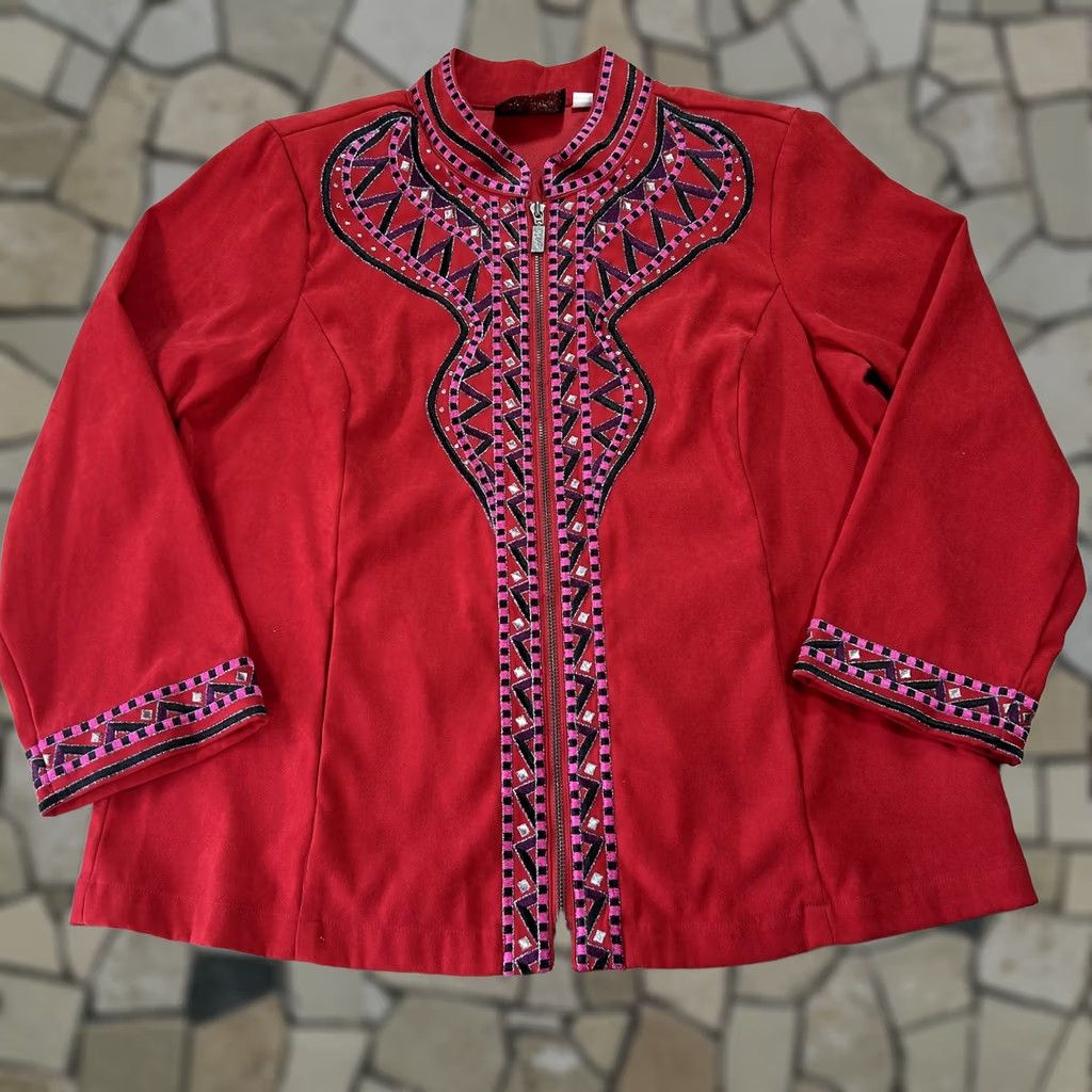 Bob Mackie VINTAGE Bob Mackie Jacket Womens Large Red Embroidered Zip Front Wearable Art Boho Chic Size L / US 10 / IT 46 - 1 Thumbnail