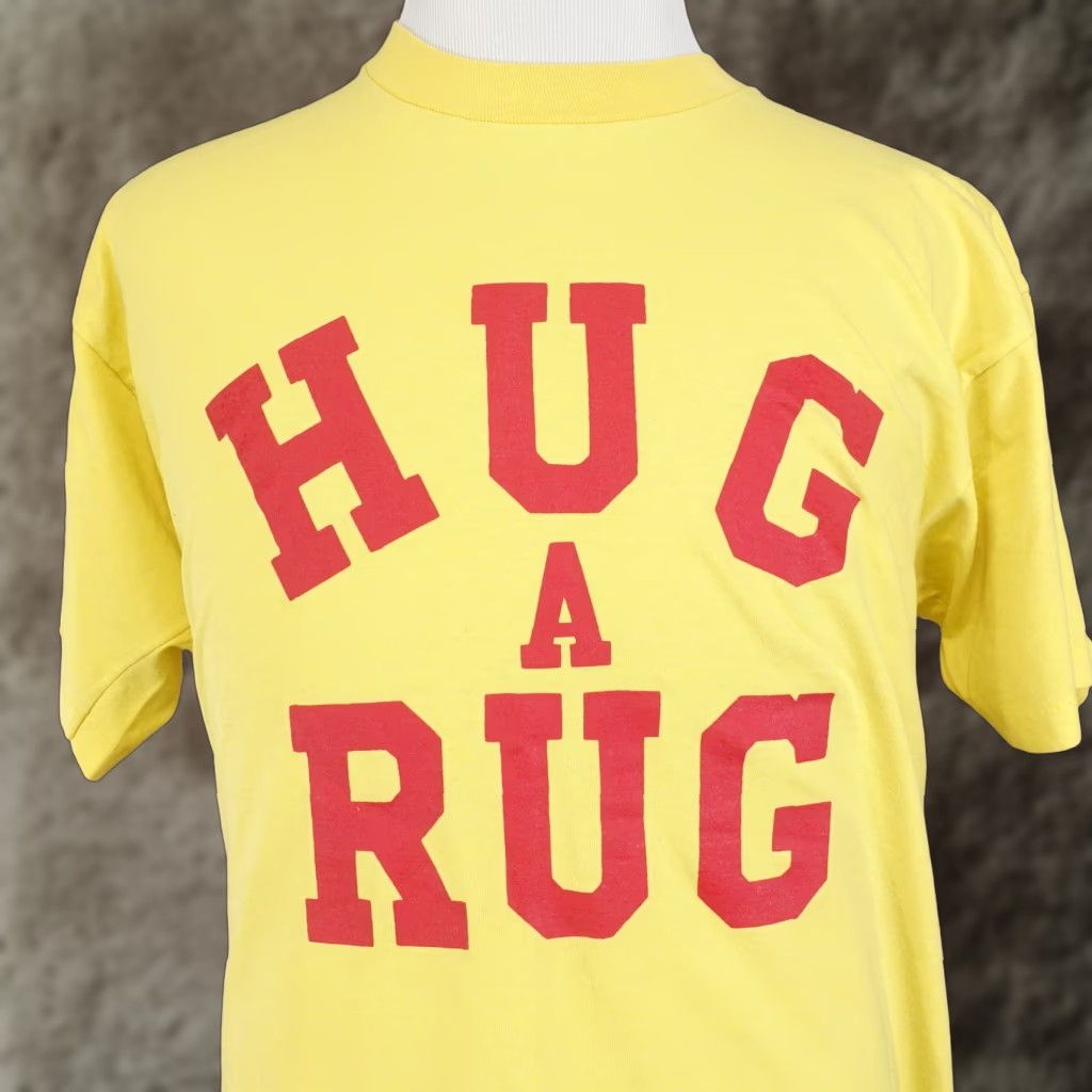 Fruit Of The Loom VINTAGE Fruit of the Loom Yellow T-Shirt XL Unisex Short Sleeve Hug A Rug Carpet Discount St Charles MO USA Mens Size US XL / EU 56 / 4 - 1 Thumbnail