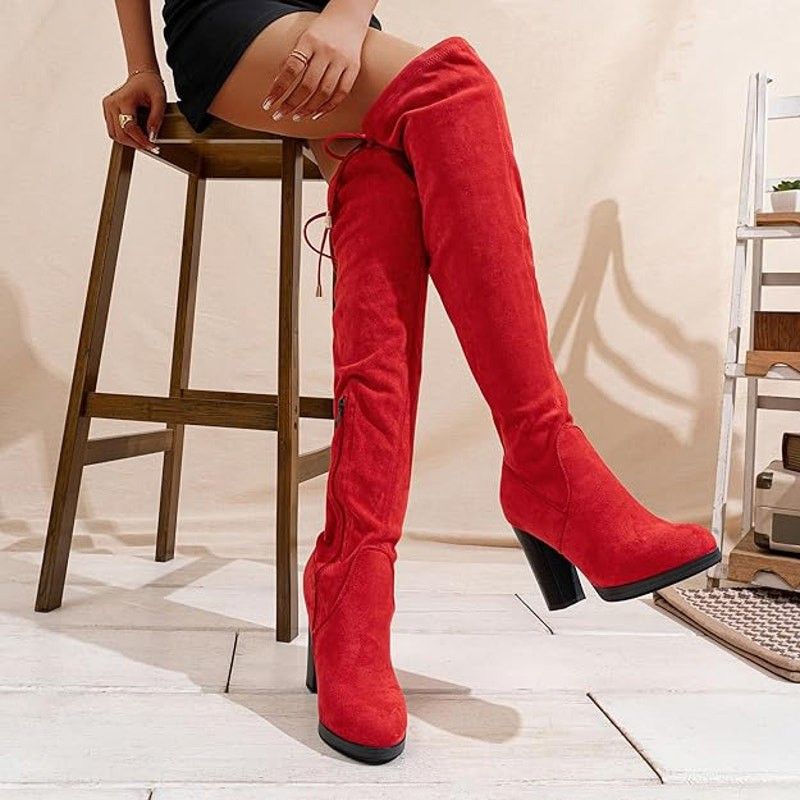 Other Vepose Women's 9.5 Red Faux Suede Thigh High Heeled Boots Size US 9.5 / IT 39.5 - 5 Thumbnail