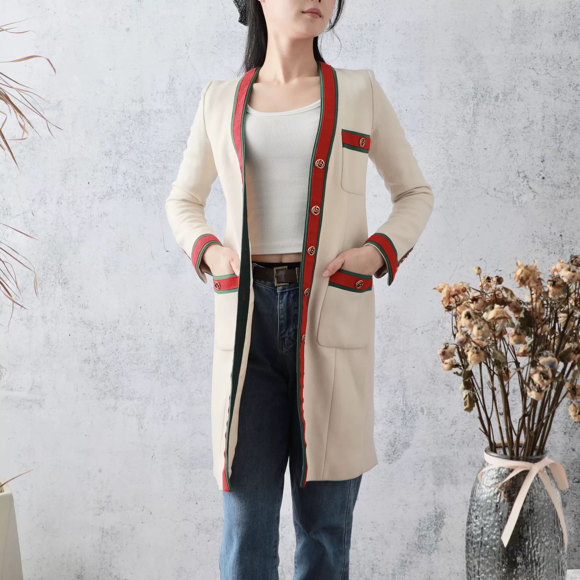 Gucci Beige Wool Stripe Long Coat