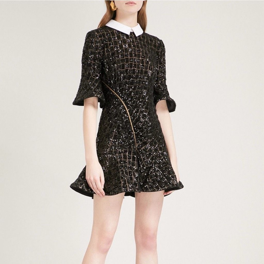 Self-Portrait Self Portrait Black Sequined White Collared Flare Hem Mini D Size S / US 4 / IT 40 - 1 Thumbnail