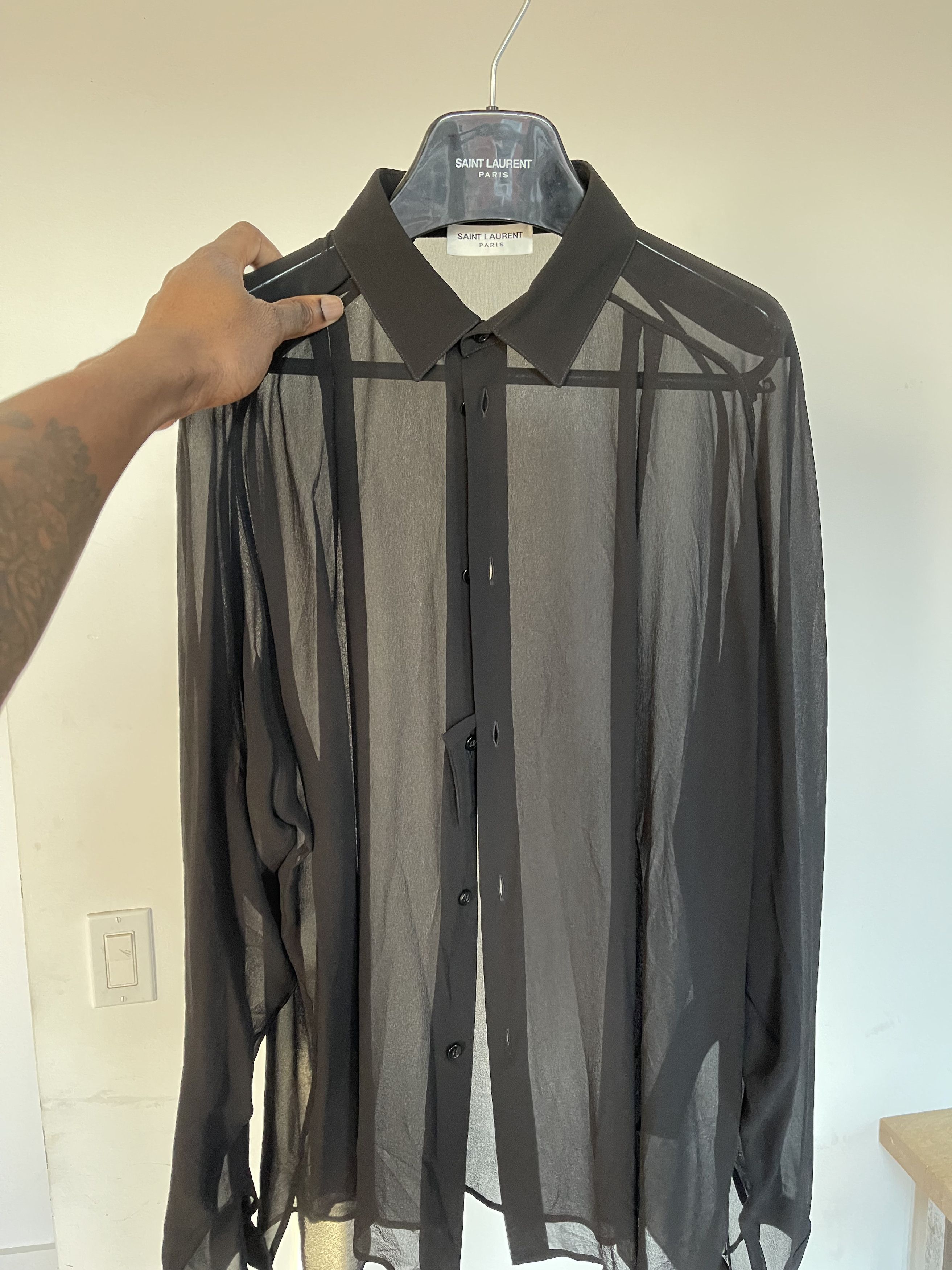 image of Saint Laurent Paris Pleated Semi-Sheer Silk Shirt in Black, Men's (Size Medium)