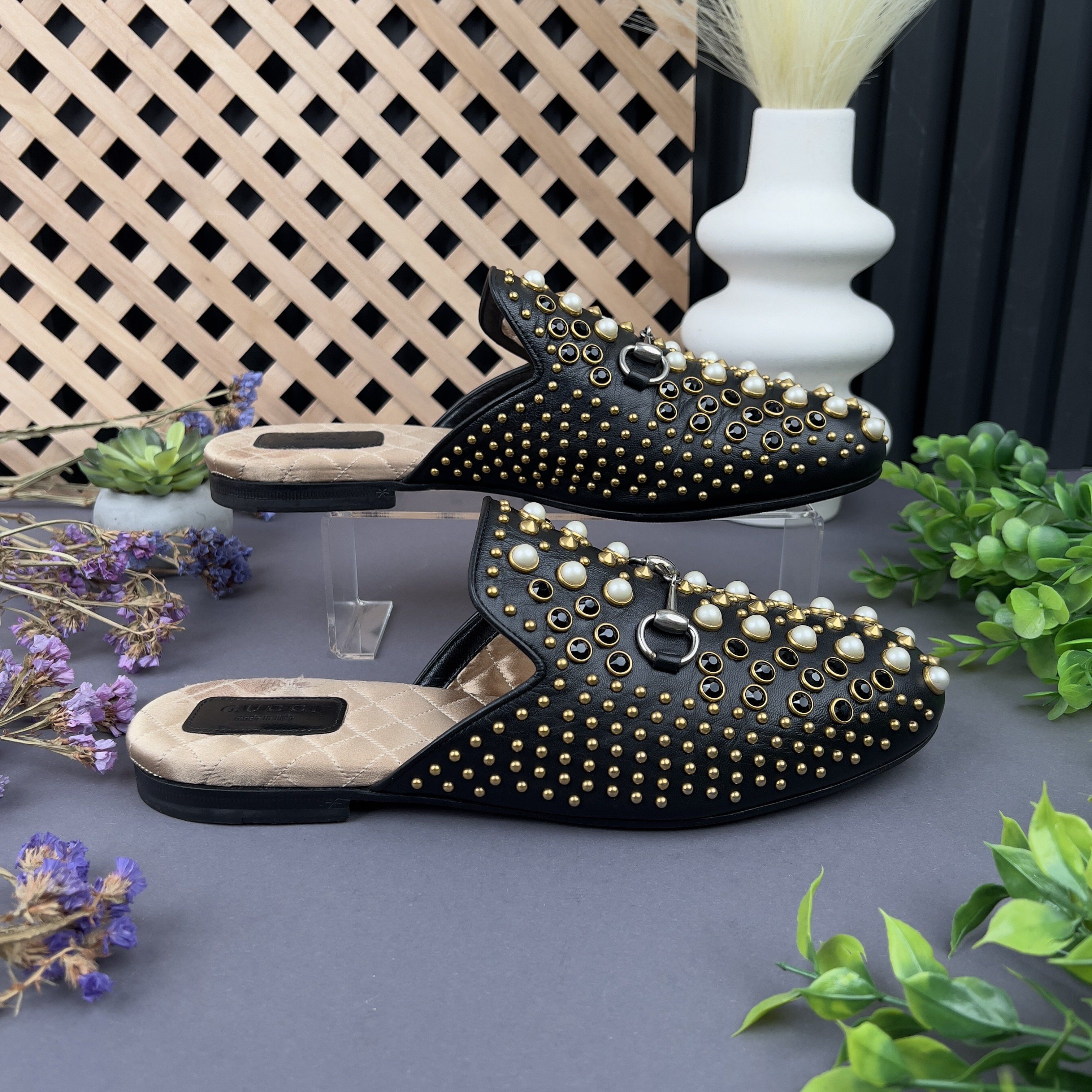 Gucci Princetown Horsebit Pearl Studded Black Leather Size US 8 / IT 38 - 5 Thumbnail