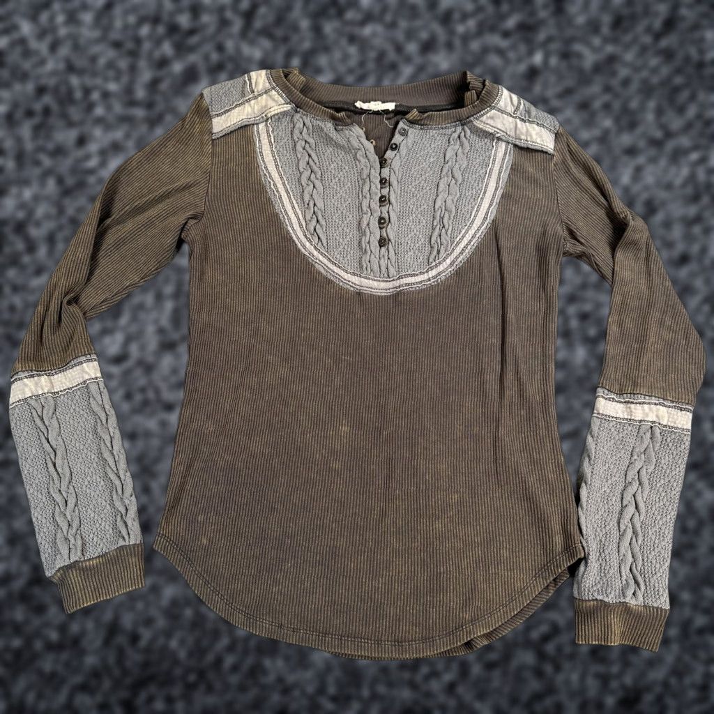 Oli & Hali Shirt Womens Small Brown Ribbed Henley Cable Knit Long Sleeve Boho
