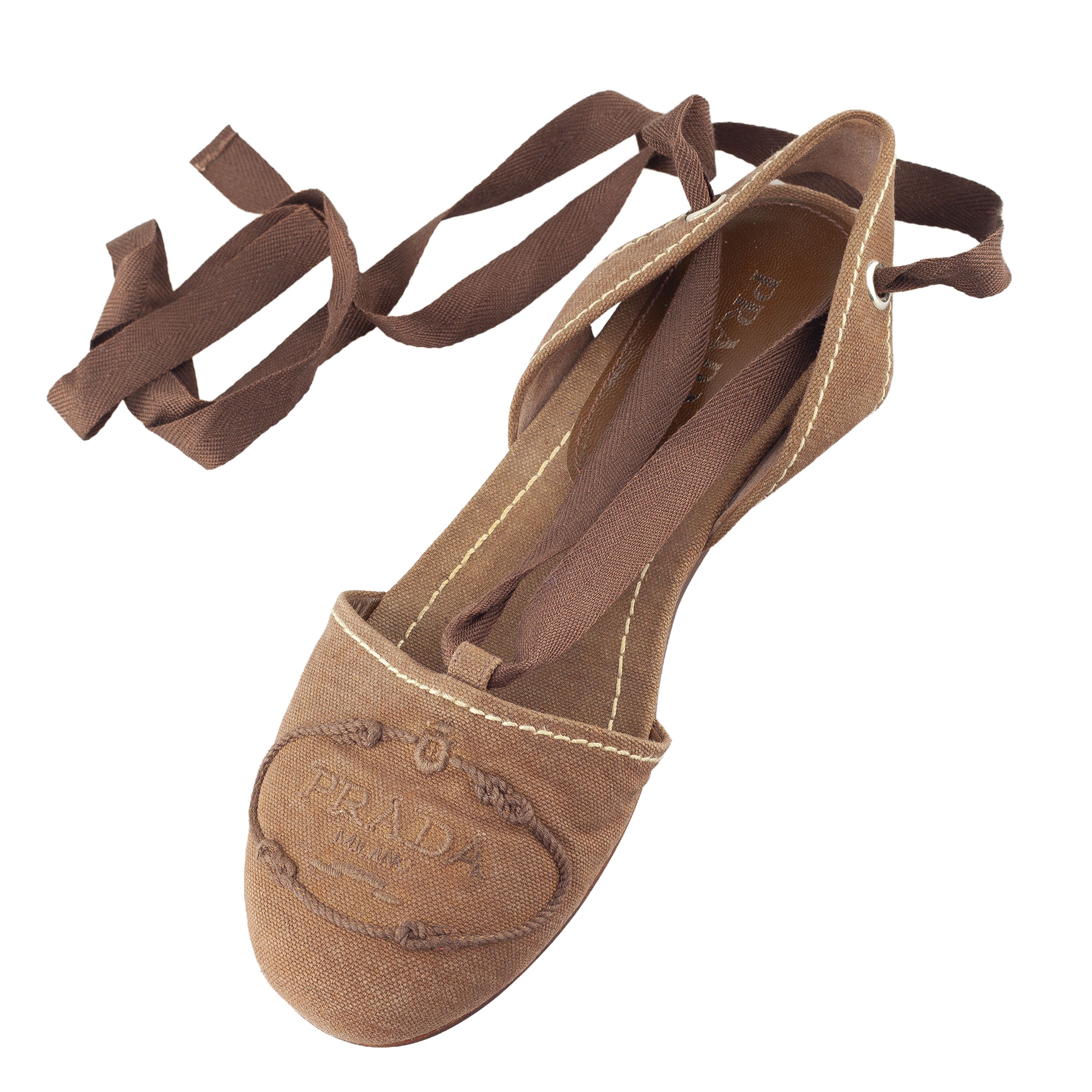 Prada Prada Brown Logo Lace-Up Flat Espadrilles Size US 6.5 / IT 36.5 - 5 Thumbnail