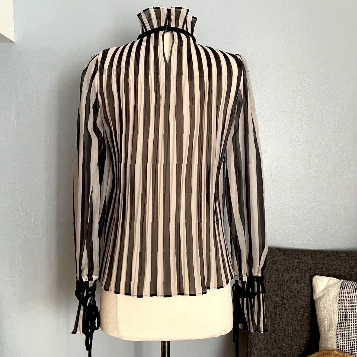 Vintage Momoshero Striped Blouse Shirt Women XS Semi-Sheer Black White High Neck Long Sleeve Velvet Ribbon Tie Size XS / US 0-2 / IT 36-38 - 3 Thumbnail