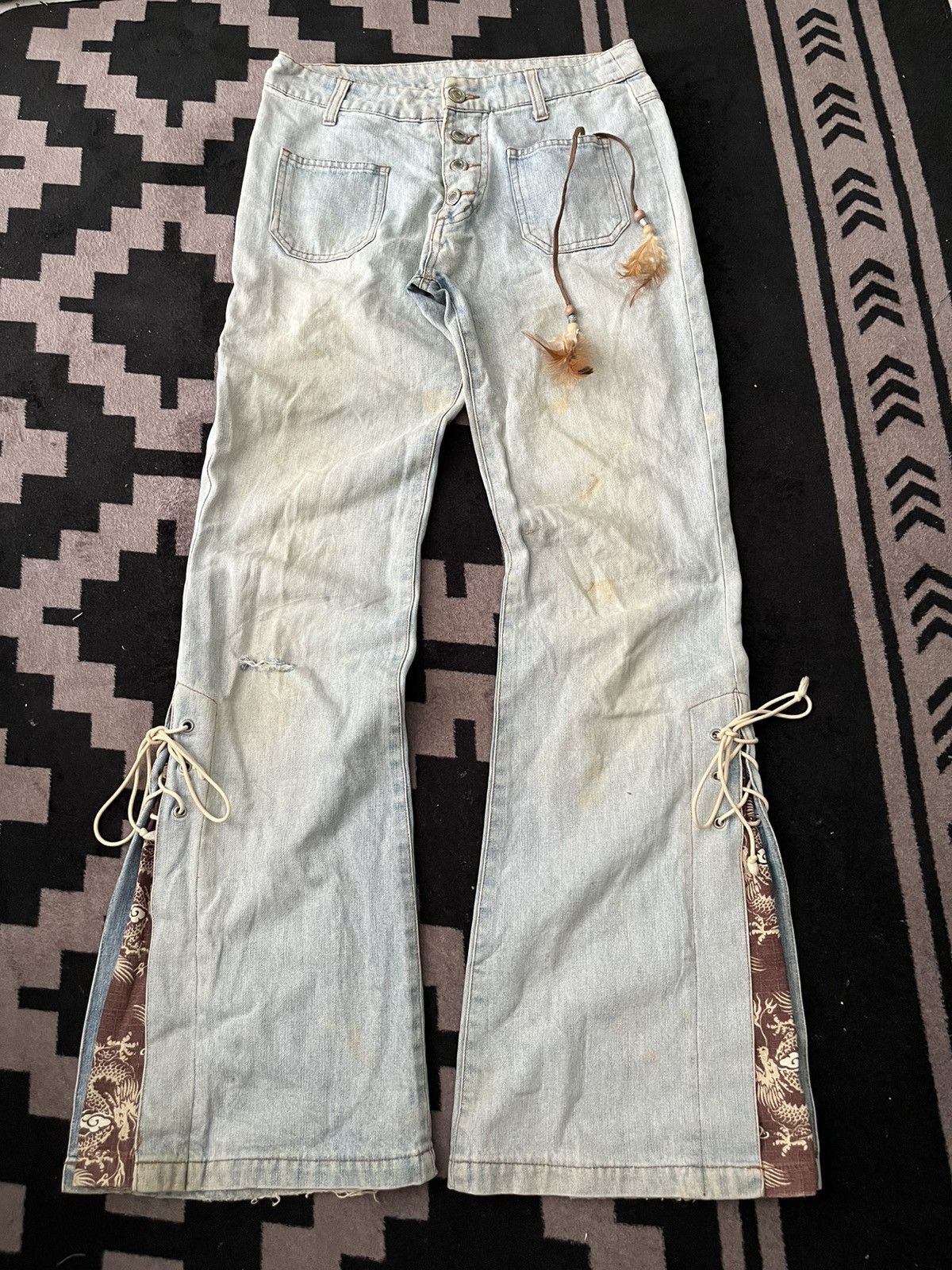 Le Grande Bleu (L.G.B.) 2000s pendora lace up dragon distressed mud wash flare jeans Size US 28 / EU 44 - 1 Thumbnail
