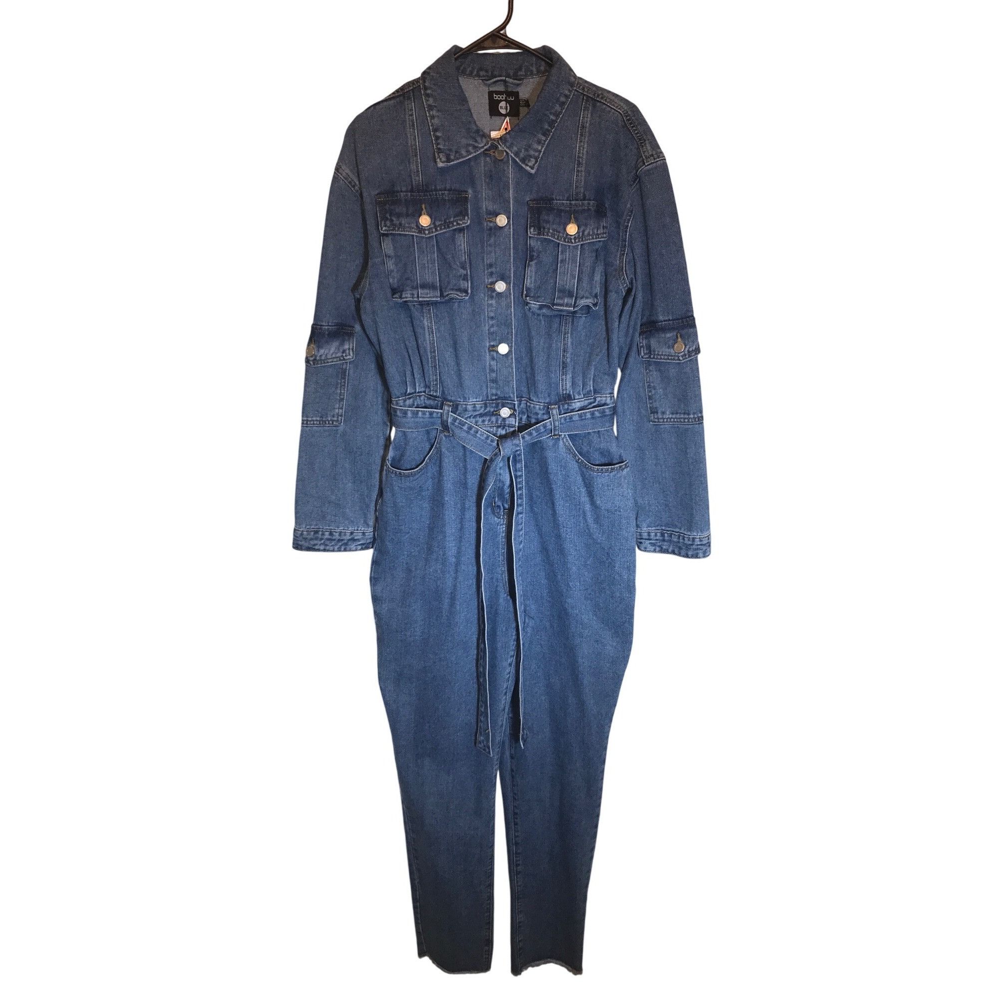 Boohoo Boohoo Tall Belted Mid Blue Cargo Denim Boilersuit Size 32" / US 10 / IT 46 - 3 Thumbnail