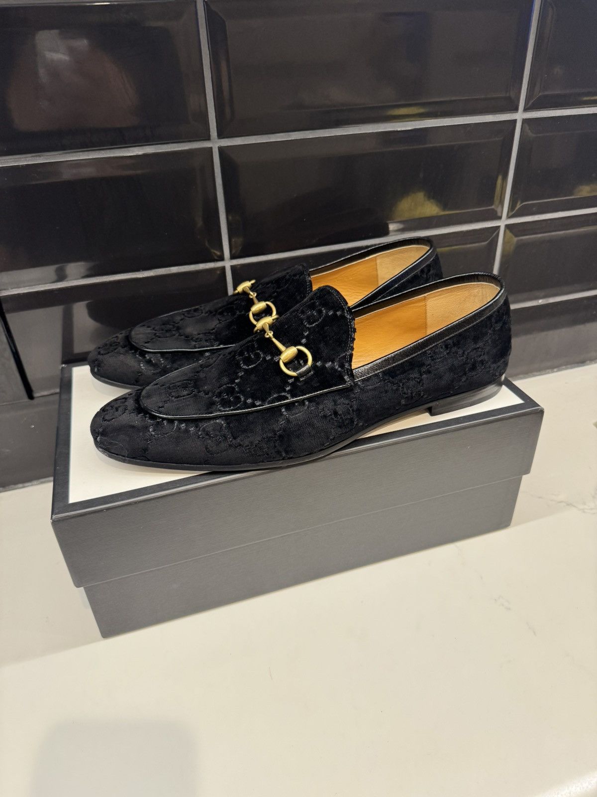Gucci Gucci JordaanGG Velvet Loafers Black Monogram Gold Horsebit Size US 13 / EU 46 - 3 Thumbnail