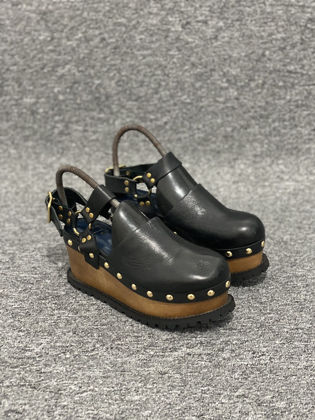 image of Sacai - Wooded Wedge Stud Leather Clogs Shoes in Black, Women's (Size 7)