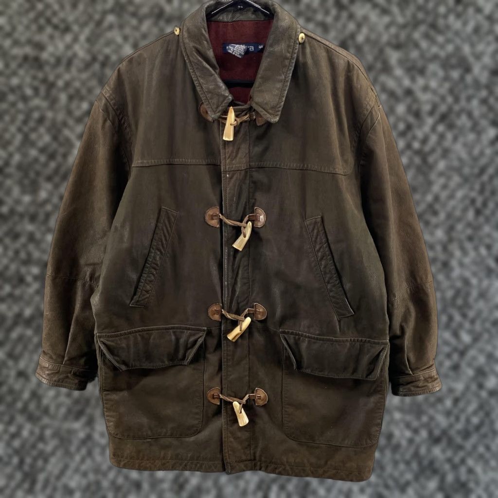 VINTAGE Nautica Coat Mens 40 Leather Toggle Wool Lined Brown 90s Casual Workwear Jacket Overcoat Men