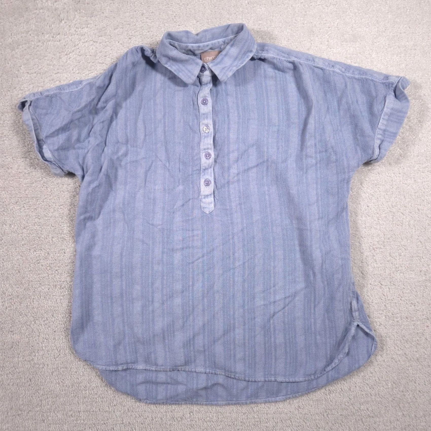 Vintage Chico's Blouse Womens 1 Blue Stripe Collared Dolman Short Sleeve Linen Top Shirt Casual Summer Womens Size XS / US 0-2 / IT 36-38 - 2 Thumbnail