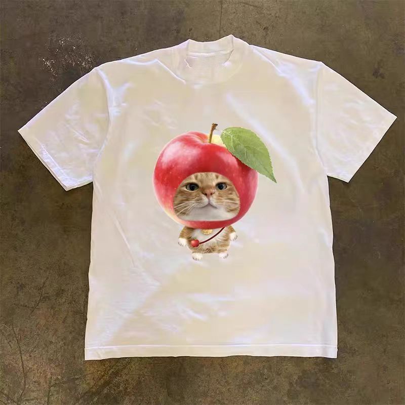 Vintage White retro apple cat print cotton t-shirt Size US M / EU 48-50 / 2 - 1 Thumbnail