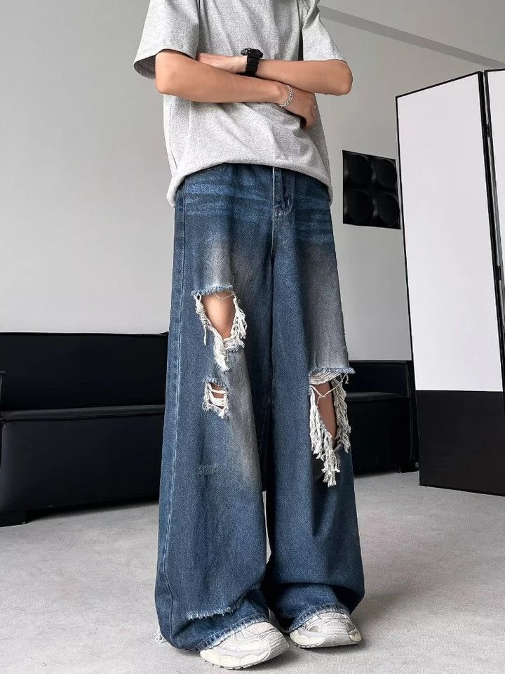 Jean × Vintage Ripped Baggy Jeans High Street Distressed Size US 28 / EU 44 - 2 Thumbnail