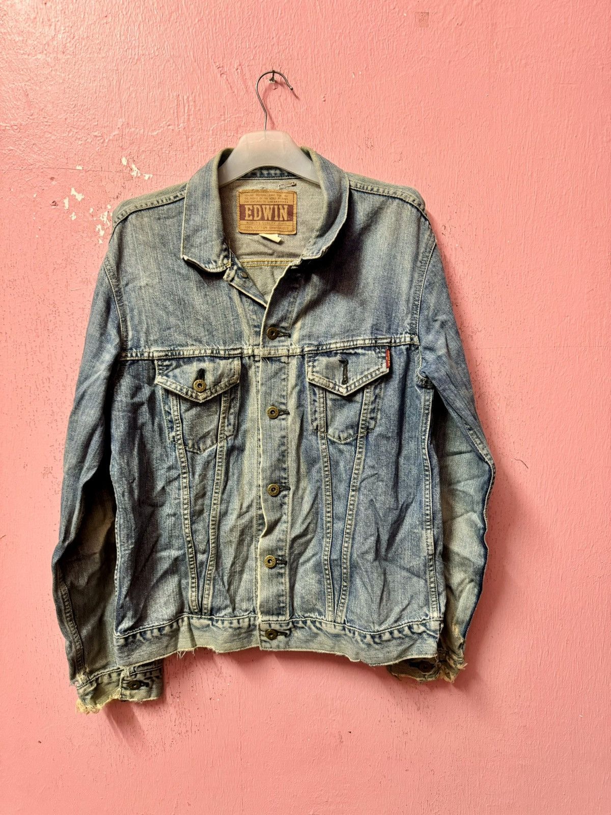 image of Edwin Distressed Trucker Jacket in Blue, Men's (Size XL)