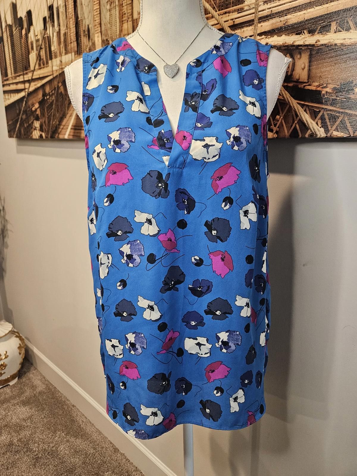 Designer Adrianna Papell Stylish Blue Floral Sleeveless Top#132 Size L / US 10 / IT 46 - 1 Thumbnail