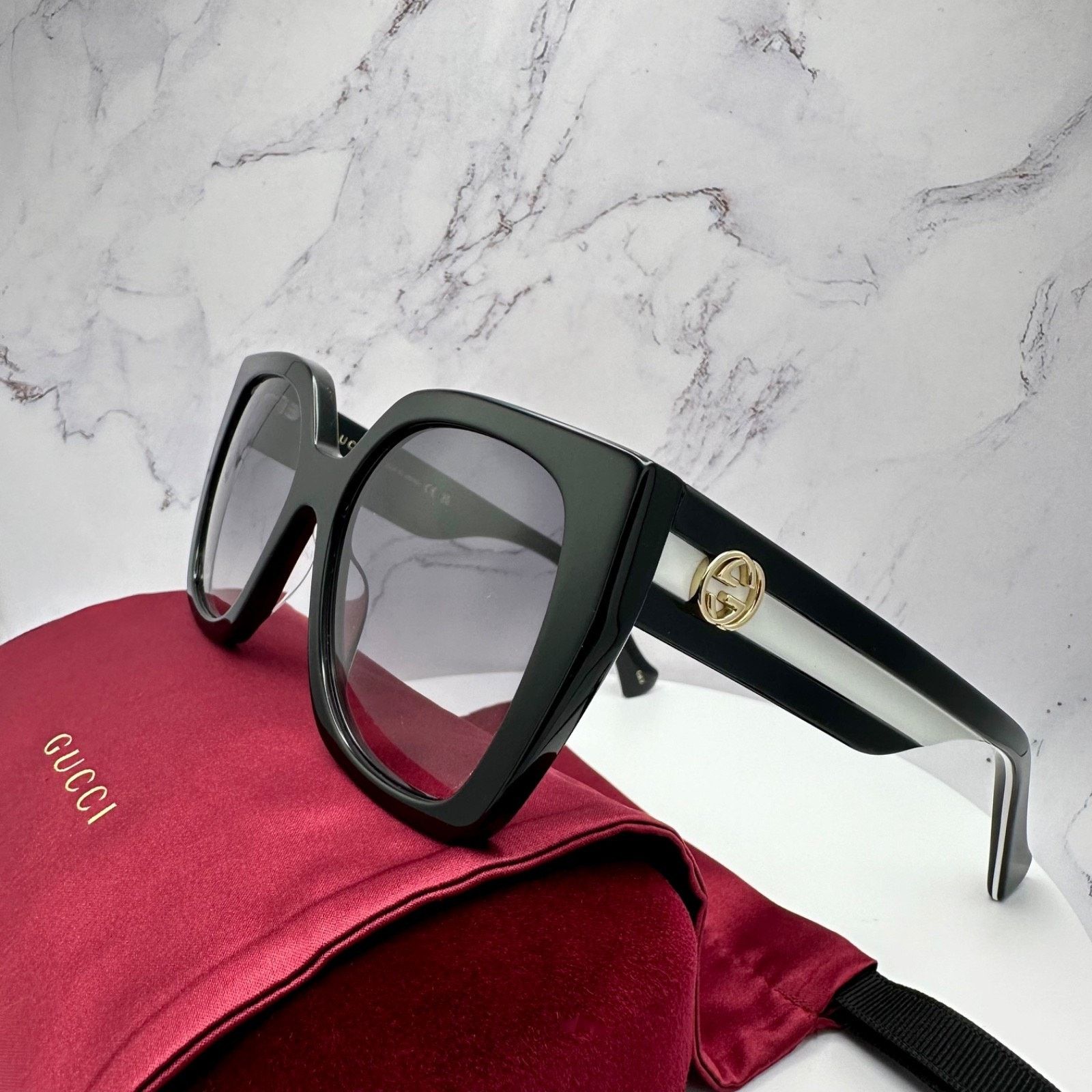 Gucci New GUCCI Sunglasses Black Square Gold Metal GG Web Arms Size ONE SIZE - 4 Thumbnail