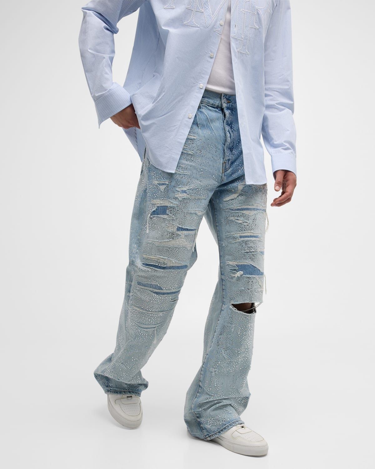 Amiri o1s1wg110525 Crystal-Embellished Repaired Baggy Jeans Blue Size US 34 / EU 50 - 7 Thumbnail