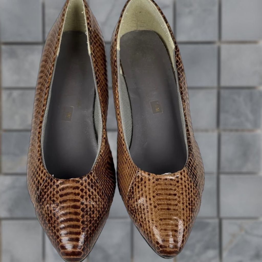 VINTAGE Snake Skin Brown Leather Pumps Heels Womens 8 M