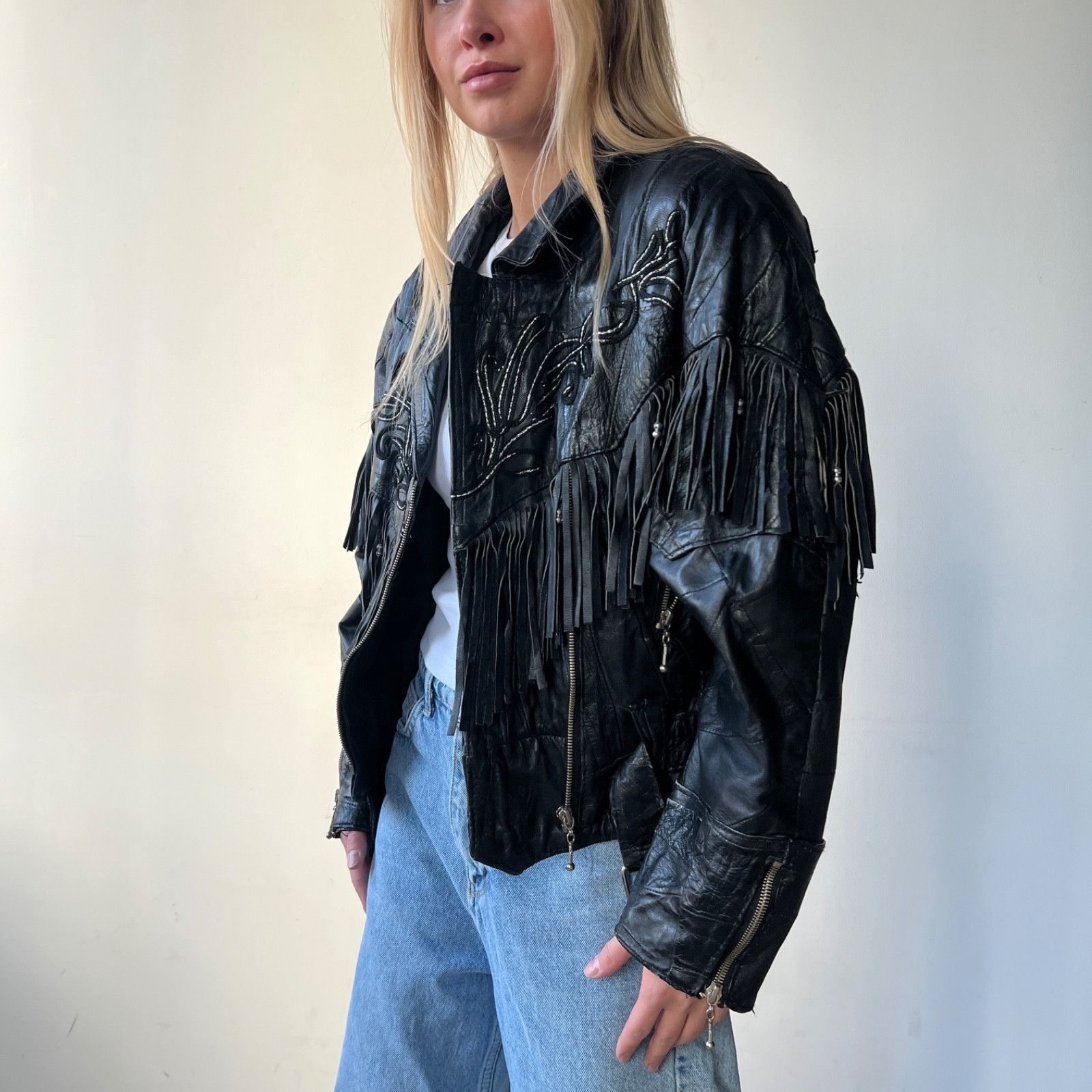 Leather Vintage Leather Fringe Western Biker Patchwork Jacket 9723AC Size S / US 4 / IT 40 - 1 Thumbnail