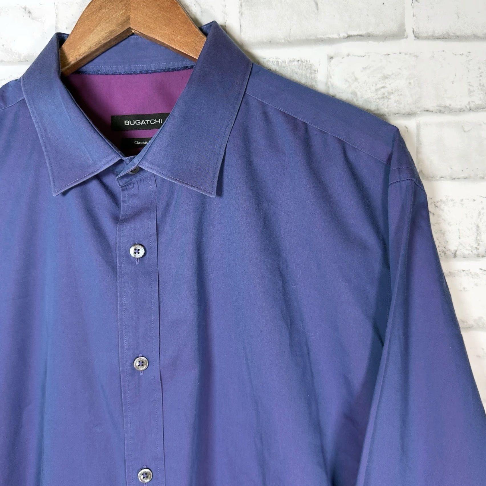 BUGATCHI BUGATCHI Classic Fit Blue Cotton Long Sleeve Dress Shirt Mens XL Size 46R - 2 Thumbnail