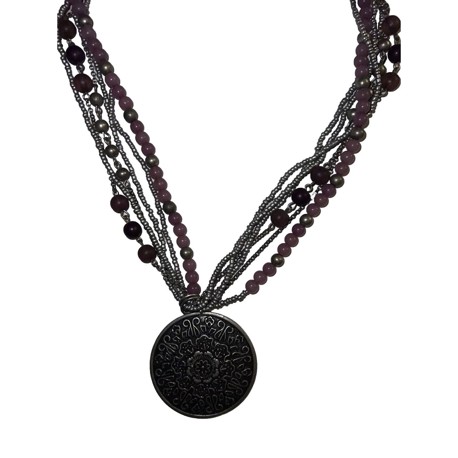 The Unbranded Brand Purple & Gray Medallion Pendant Necklace Multi Strand 18.5" Size ONE SIZE - 2 Thumbnail