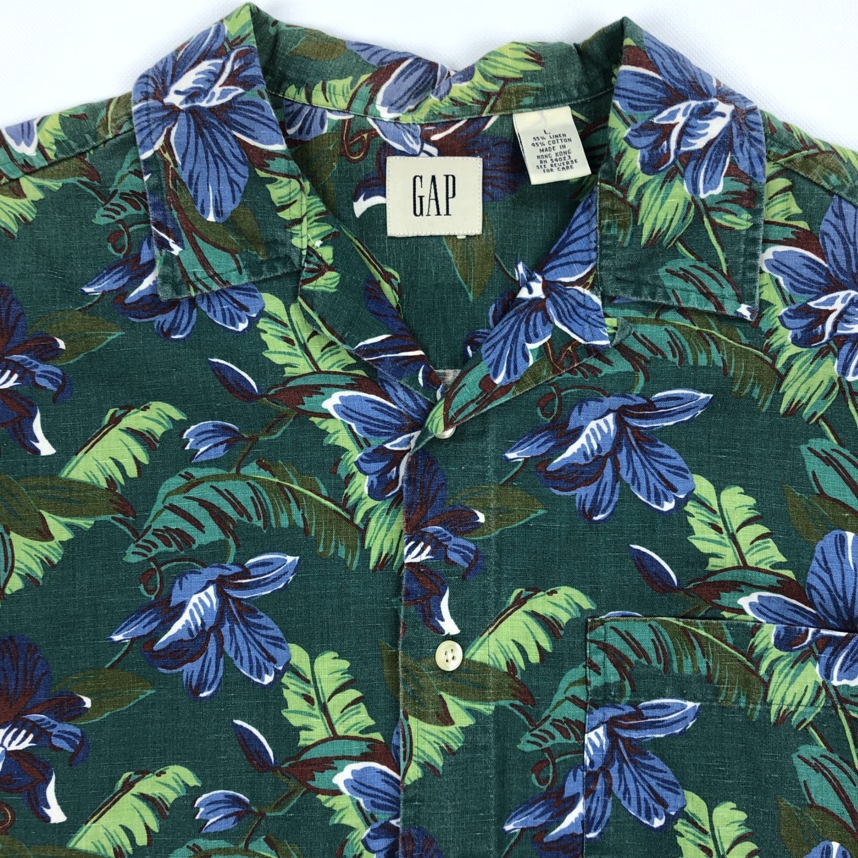Gap GAP Men's L Hawaiian Shirt Green Blue Floral Linen Blend Tropical Loop Collar Shirt Casual Button-Down Mens Size US L / EU 52-54 / 3 - 2 Thumbnail