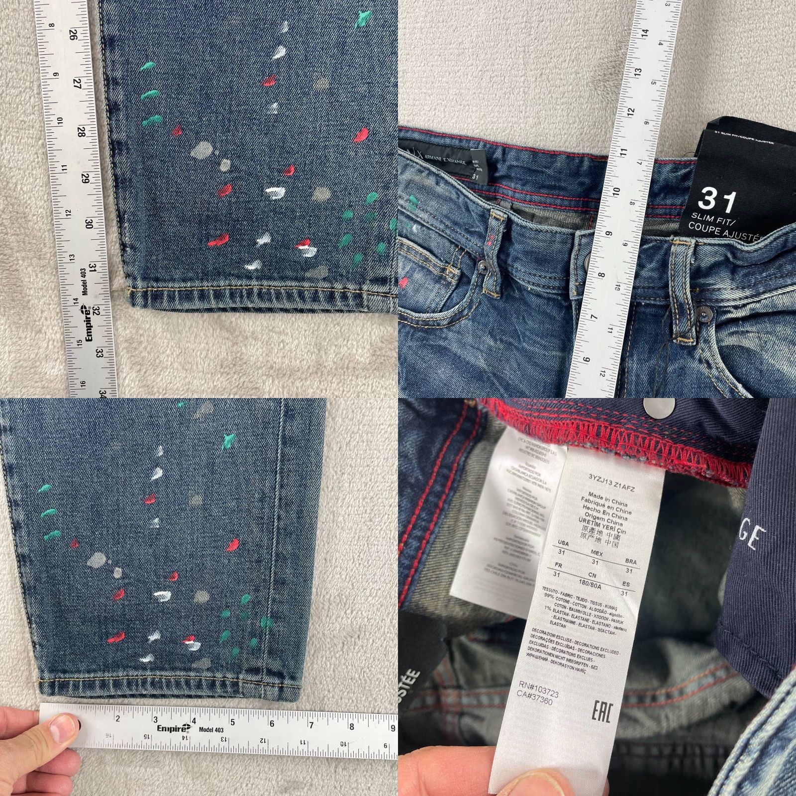 Armani Exchange Armani Exchange Jeans Men 31x32 Blue Paint Splatter Slim Fit Designer NWT Size US 31 - 8 Thumbnail