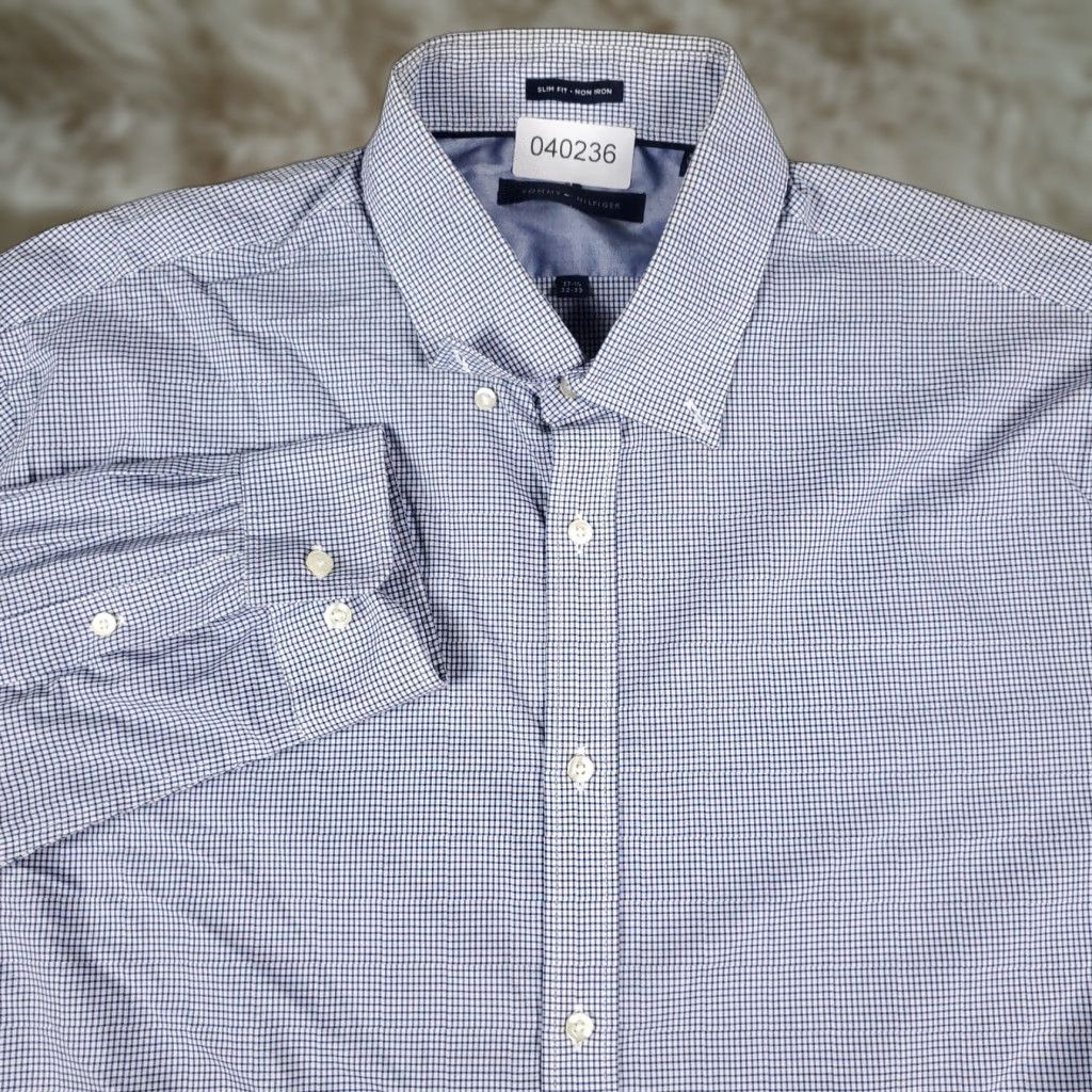 Tommy Hilfiger Tommy Hilfiger Shirt Mens 17.5 Blue Check Dress Button Up Long Sleeve - Classic American Preppy Business Casual Dress Shirt Mens 17.5 Navy Blue Size 46R - 1 Thumbnail