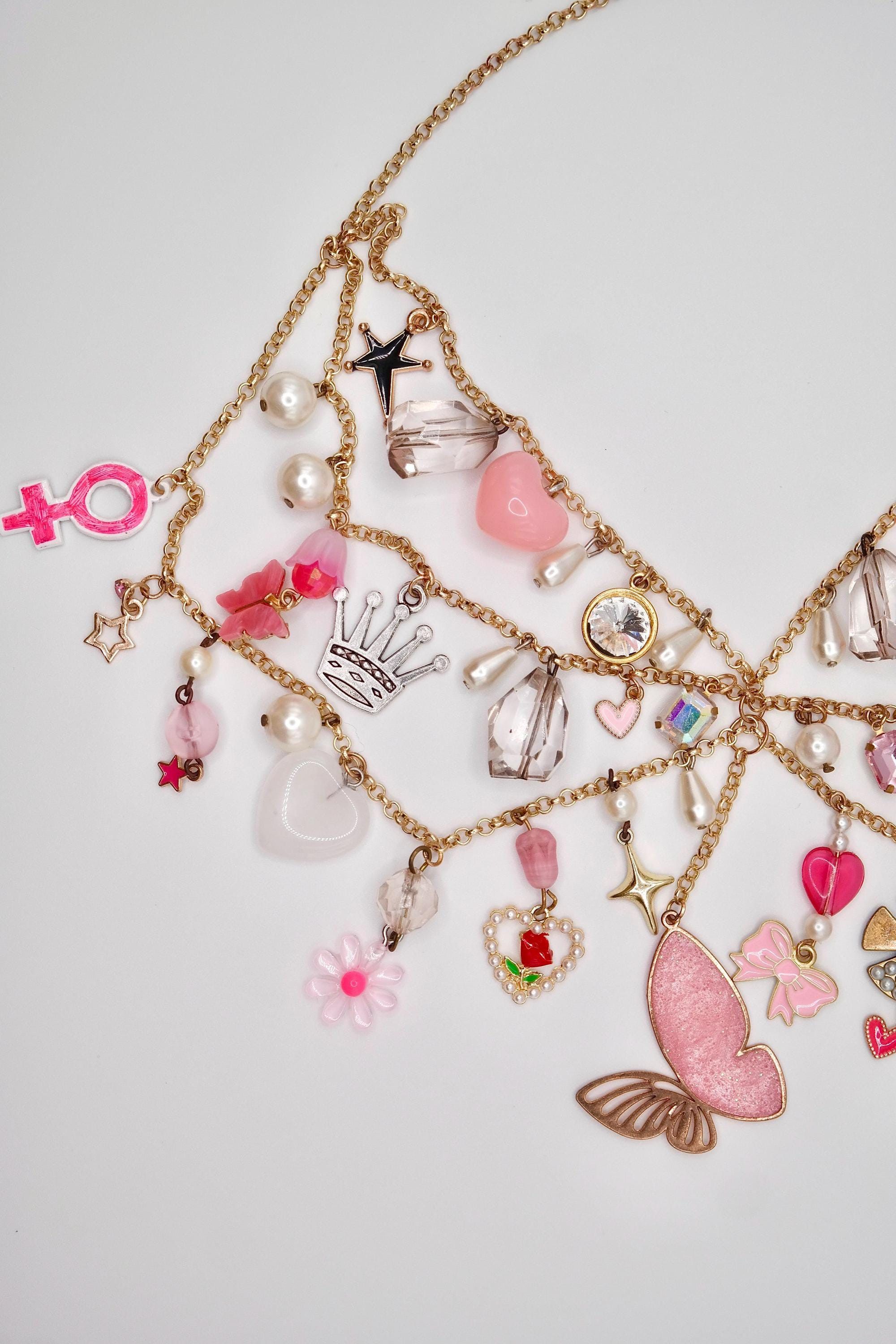 Handmade Manic Pixie Dream Girl Pink & Gold Charm Necklace Size ONE SIZE - 3 Thumbnail