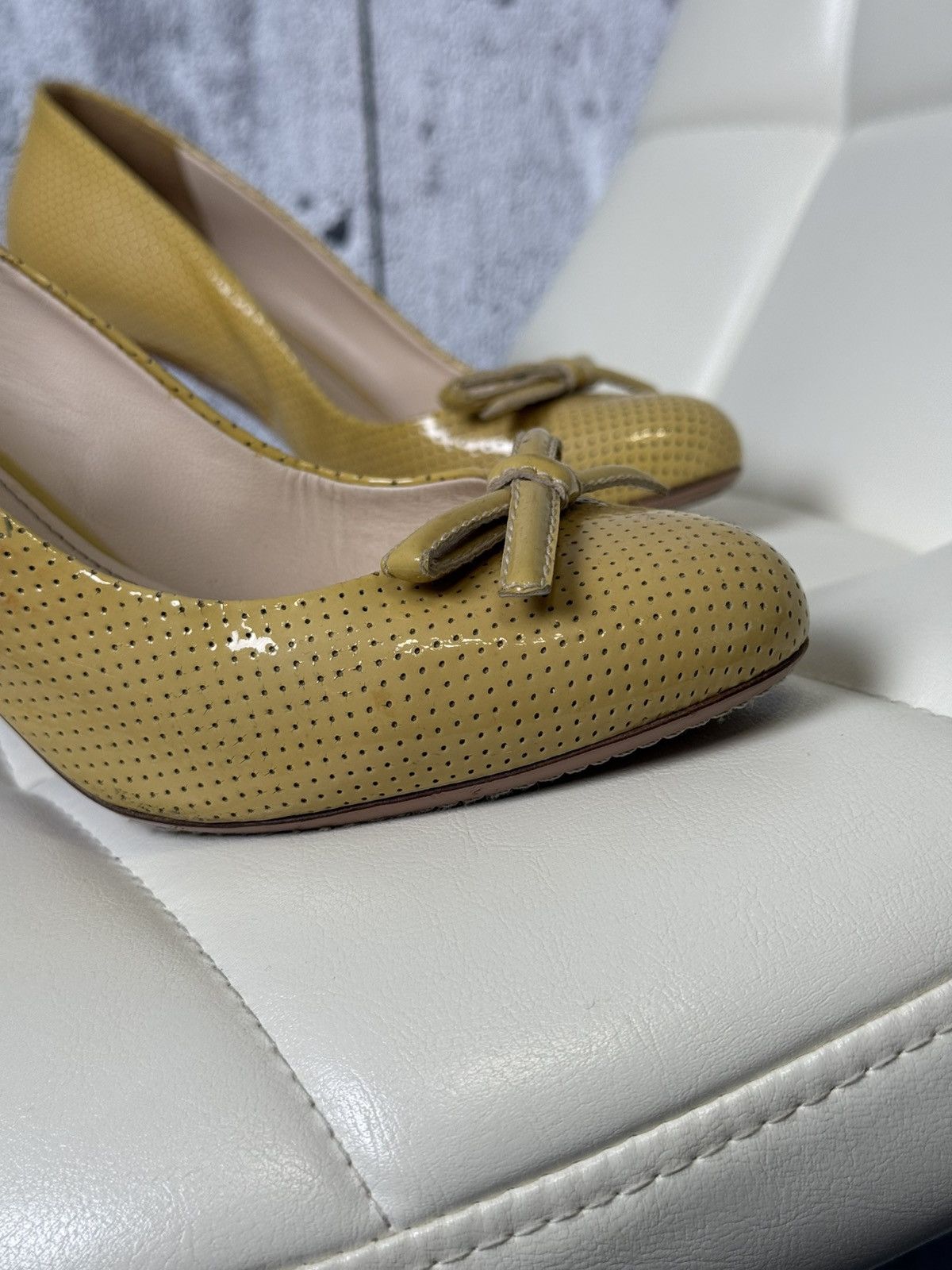 Prada Prada Sport Yellow Perforated Leather Bow Wooden Heel Pumps Size US 8 / IT 38 - 3 Thumbnail