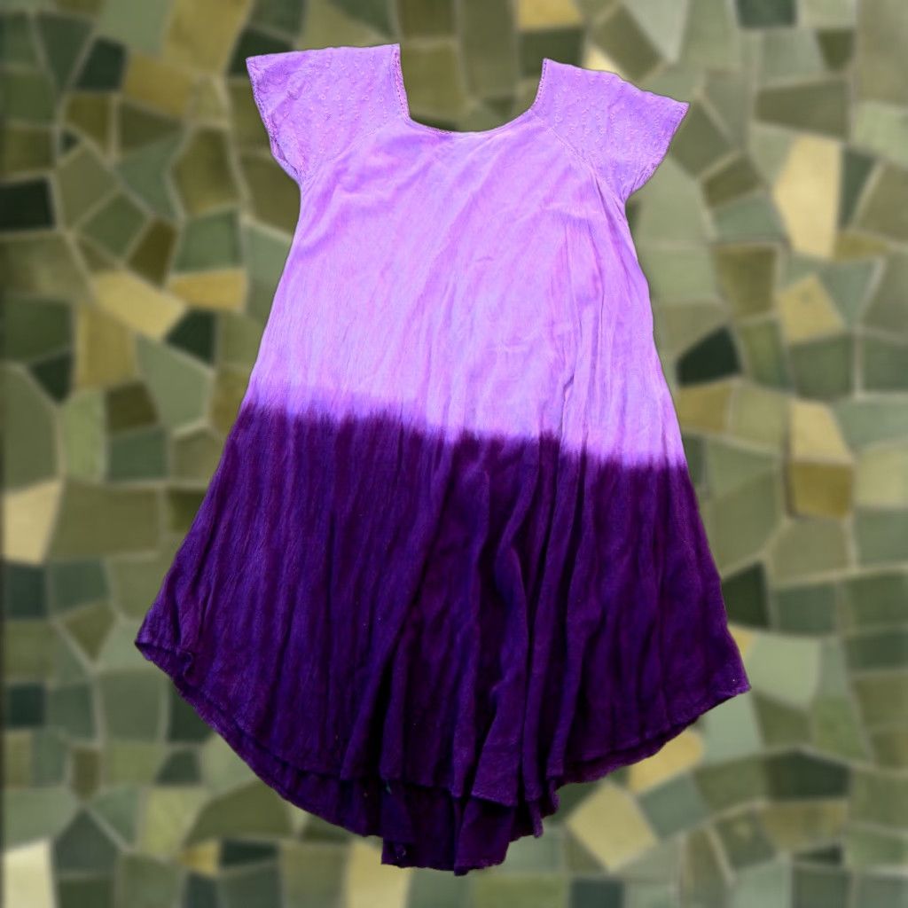 Vintage Vintage SB Fashion Tunic Dress M-L Short Sleeve 100% Rayon Purple Green Orange Floral Dress Midi Women's SB Fashions Size 32" / US 10 / IT 46 - 1 Thumbnail