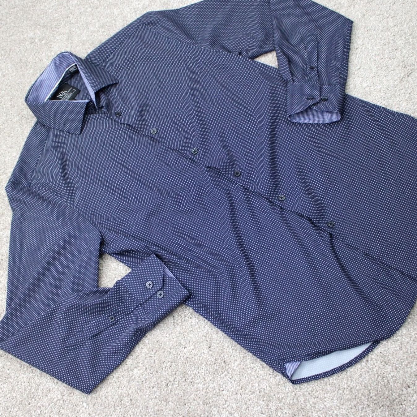 Vintage WRK Dress Shirt Men 15 Blue Geometric 4-Way Stretch Polyester Stretch L/S Button Shirt Mens Blue Geometric 4-Way Stretch Dress Shirt Size 40R - 7 Thumbnail