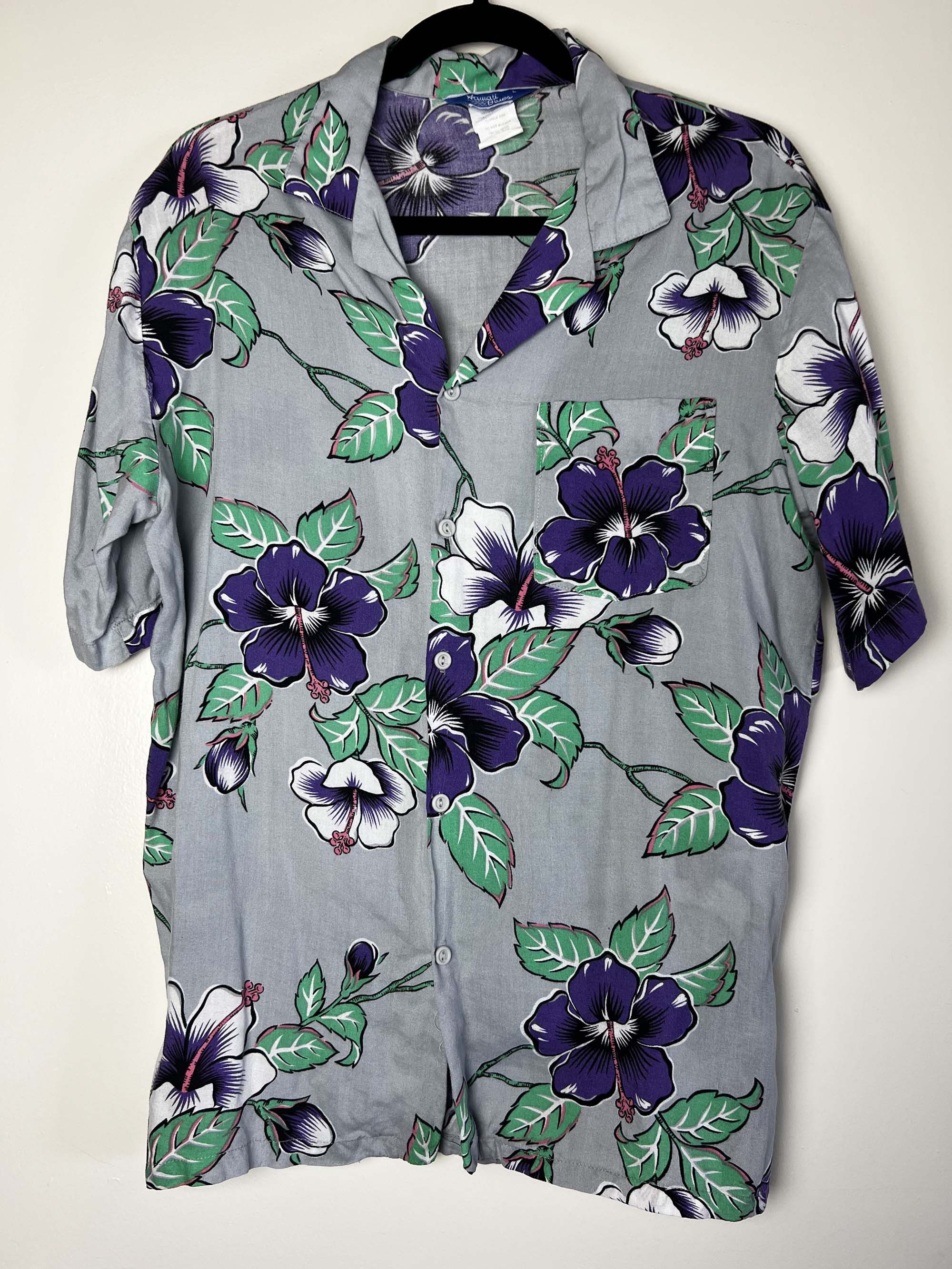 Vintage 1980's Hawaii Blues Gray and Neon Hibiscus Aloha Shirt Size US L / EU 52-54 / 3 - 2 Thumbnail