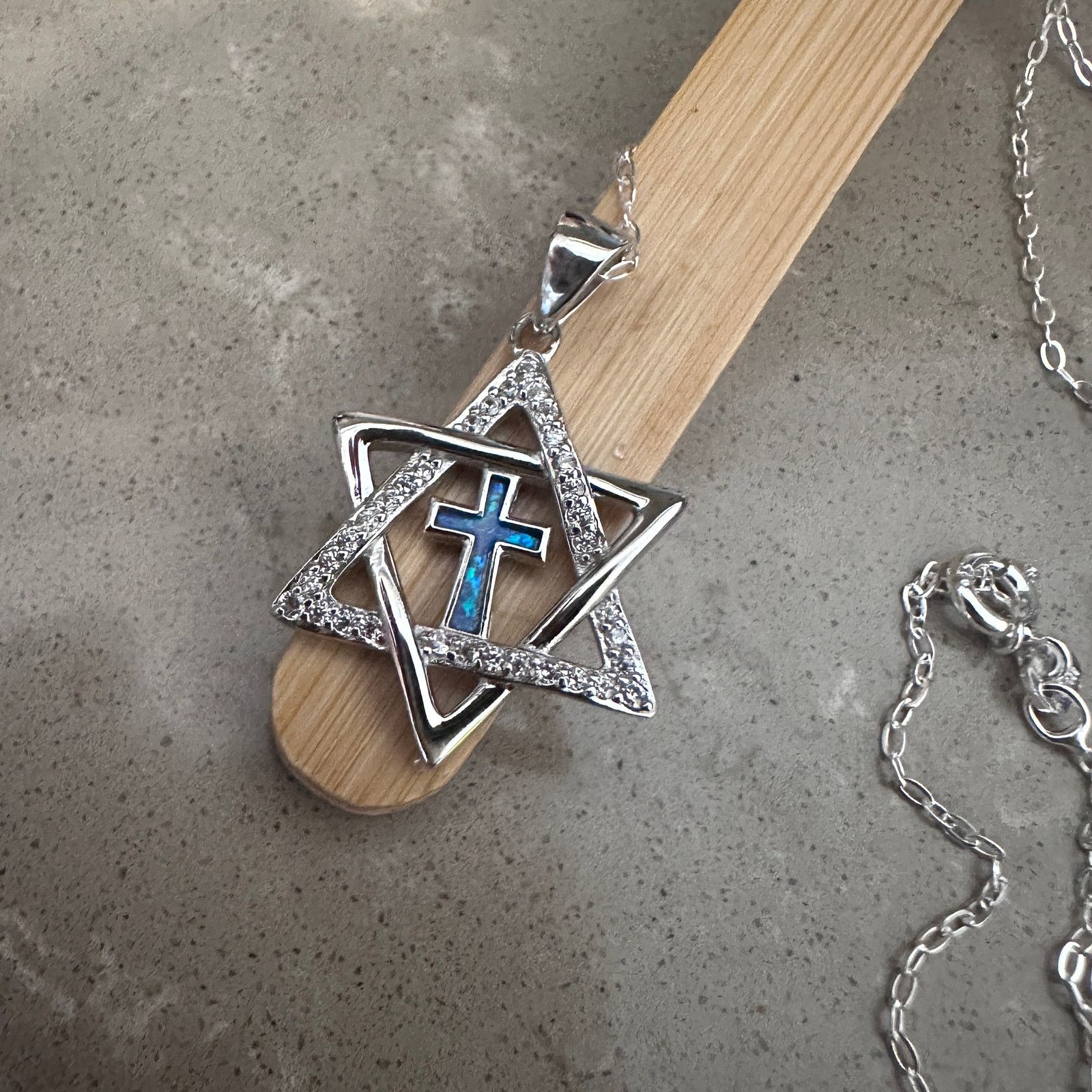 The Unbranded Brand Star of David & Cross CZ Lab Opal Sterling Silver Necklace Size ONE SIZE - 2 Thumbnail