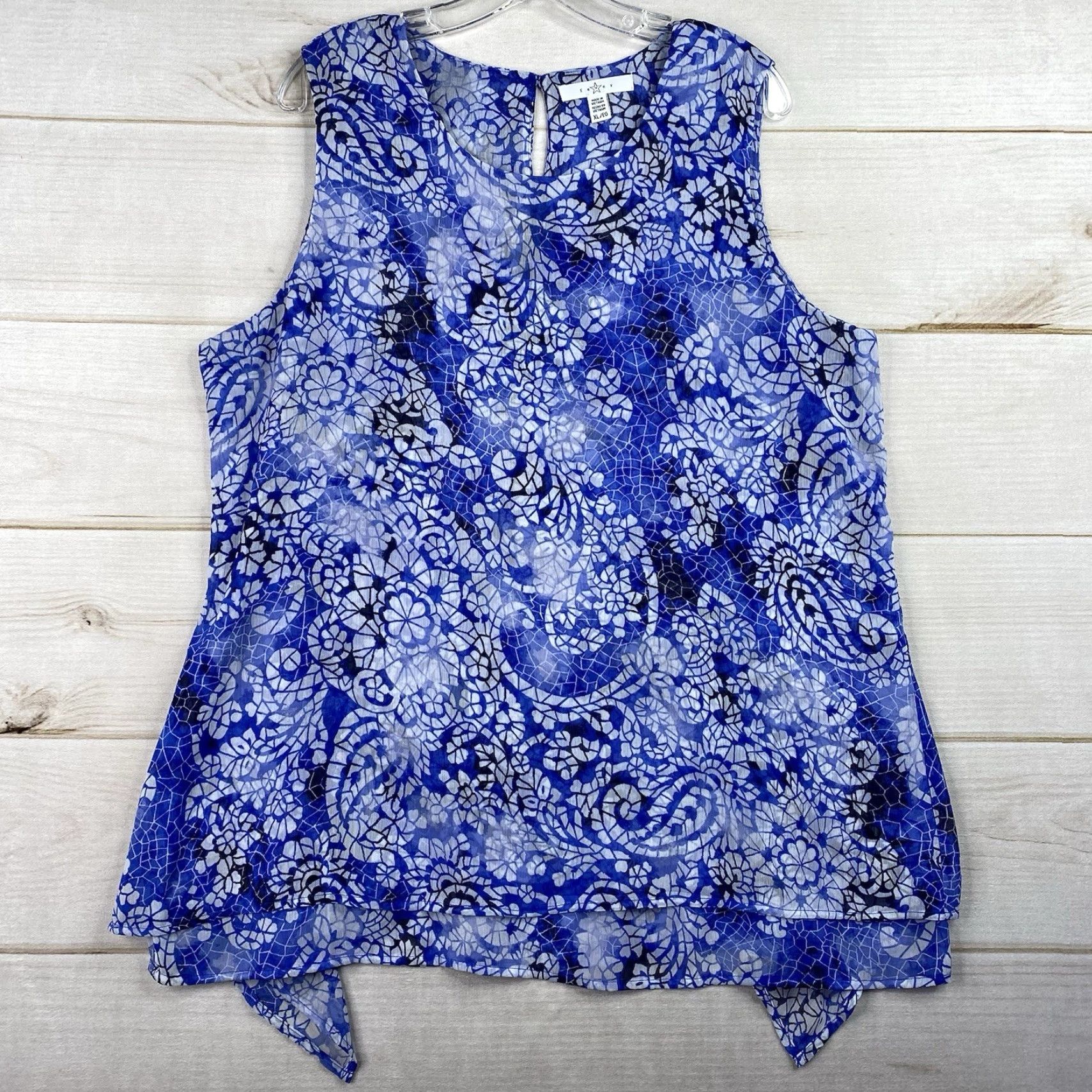 Vintage Fever Clothing Co Blouse Women's XL Sleeveless Floral Paisley Blue Geometric Chiffon Keyhole Neck Tunic Casual Caprice Style - 90s? Size XL / US 12-14 / IT 48-50 - 2 Thumbnail
