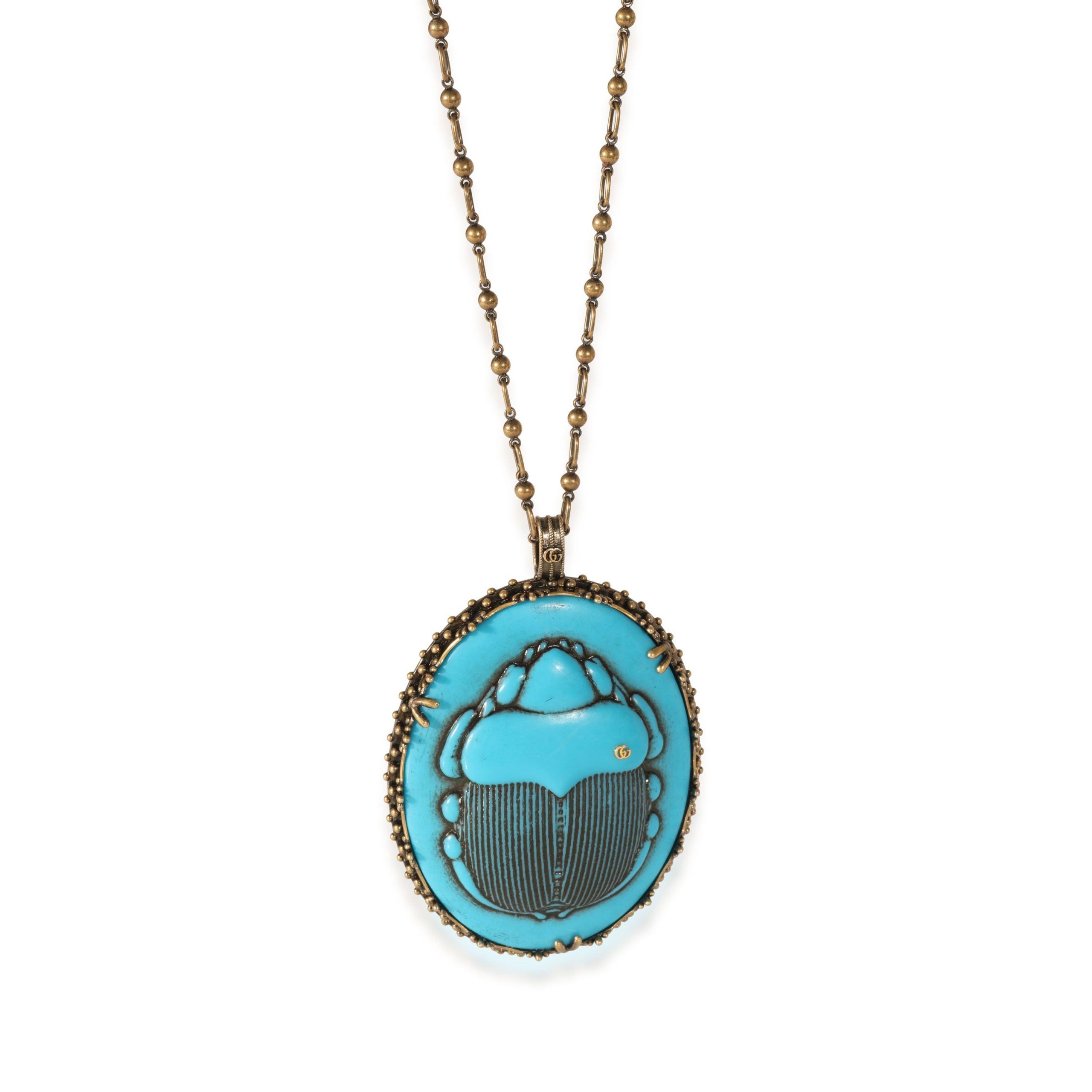 image of Gucci Brass Tone Large Blue Scarab Beetle Pendant, Women's