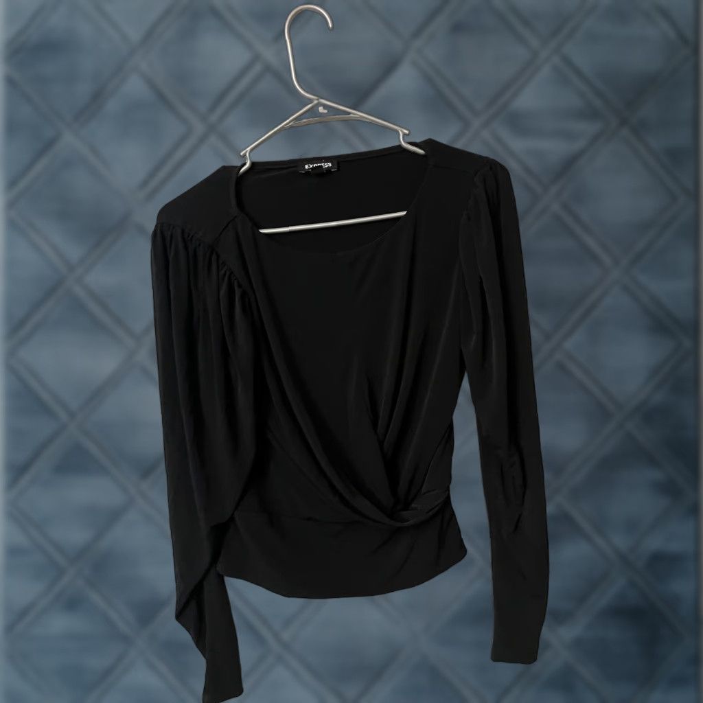 Express Express Blouse Women XS Cropped Long Sleeve Tie Waist V-Neck Black Balloon Sleeve, Solid, Wrap Front, Lightweight, All Seasons, Express brand, Size XS Size XS / US 0-2 / IT 36-38 - 1 Thumbnail