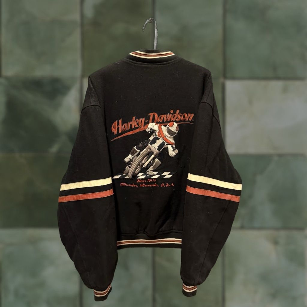 Harley Davidson VINTAGE Harley-Davidson Jacket Wool Snap Varsity XL Black 90s Racing Men Size US XL / EU 56 / 4 - 1 Thumbnail