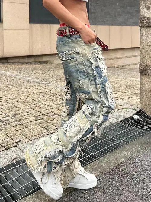 Jean Floral Patchwork Distressed Baggy Denim Jeans Size US 32 / EU 48 - 2 Thumbnail
