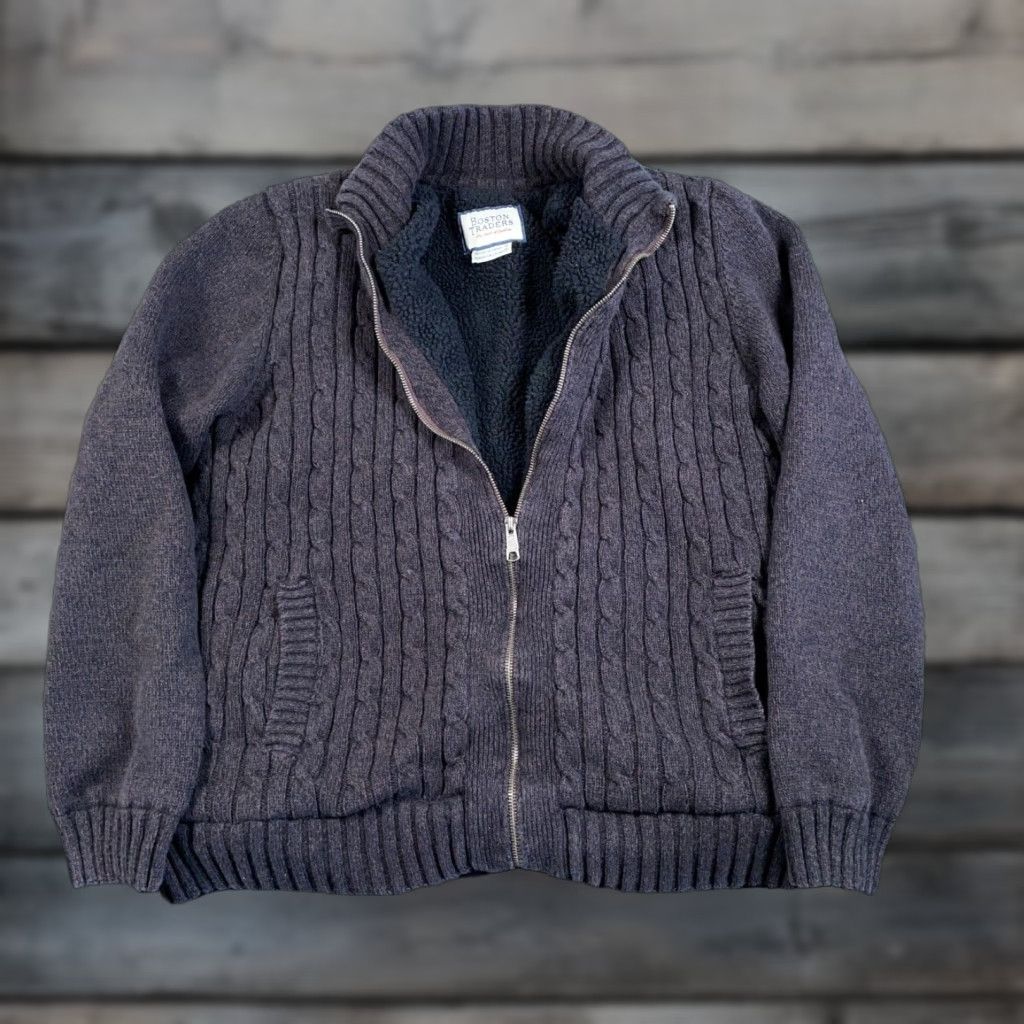 Vintage Boston Traders Sherpa Lined Zip Sweater Adult XL Brown Black Cable Knit Cotton Size US XL / EU 56 / 4 - 1 Thumbnail