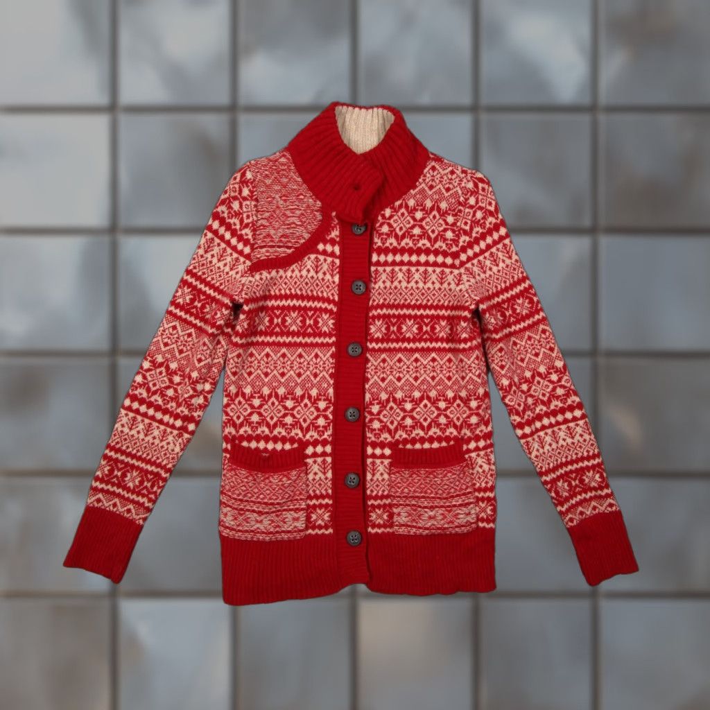 Eddie Bauer Eddie Bauer Cardigan Women Small Red Fair Isle Knit Sweater - Button Up Lambswool Blend V-Neck Pockets All Seasons Casual/Workwear Size S / US 4 / IT 40 - 1 Thumbnail