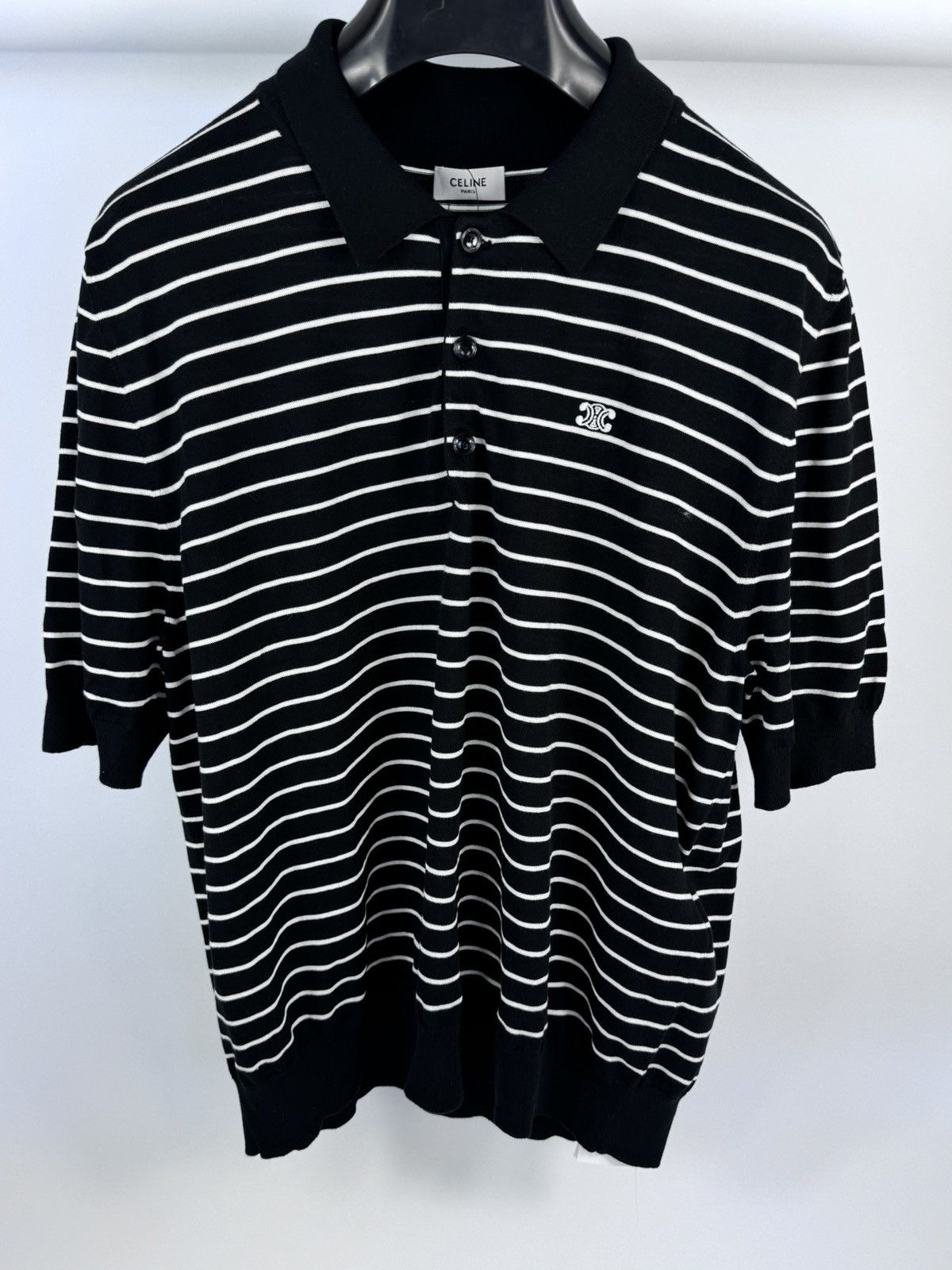 Image of Celine Logo Embroidered Stripe Polo Shirt in Black, Men's (Size 2XL)