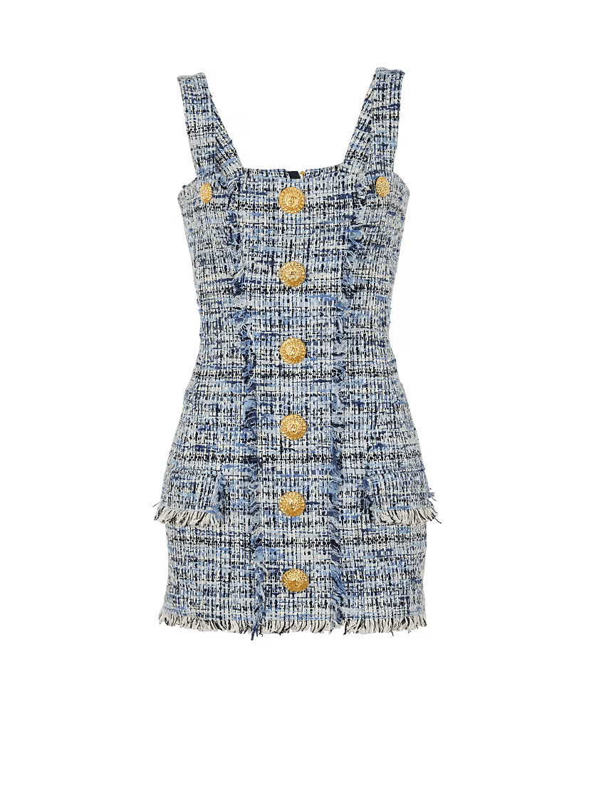 Balmain o1s1wg111225 Short Tweed Dress With Straps in Blue Size XL / US 12-14 / IT 48-50 - 1 Thumbnail