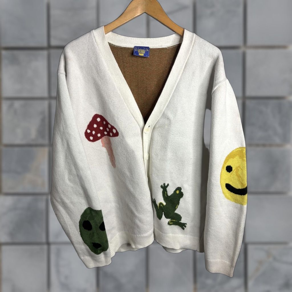 Vintage Coney Island Picnic Cardigan Sweater Mens Large White Graphic Frog Mushroom Size US L / EU 52-54 / 3 - 1 Thumbnail