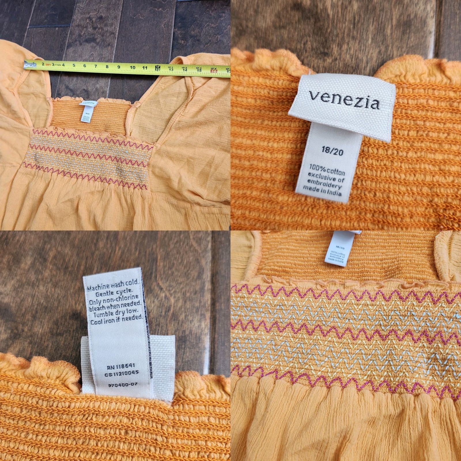 Vintage Venezia Womens Blouse Shirt 18/20 Orange 100% Cotton Square Neck Flared Sleeve Plus Size Relaxed Fit Size XXL / US 16-18 / IT 52-54 - 9 Thumbnail