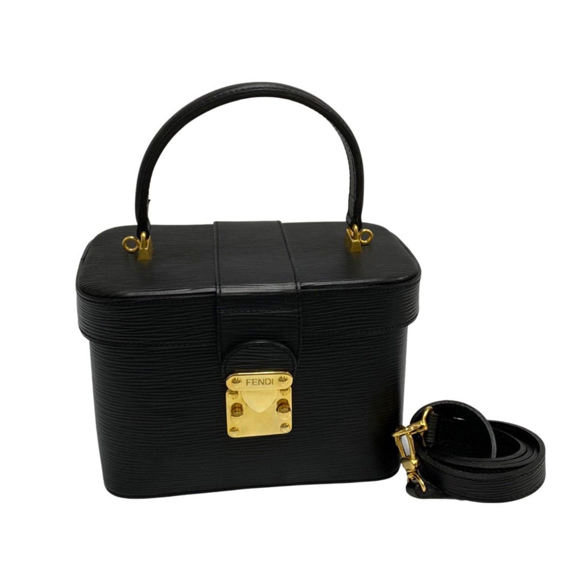 image of Fendi Vintage Logo Metal Fittings Vanity Bag Epi Leather Genuine 2Way Handbag Shoulder Black, Women